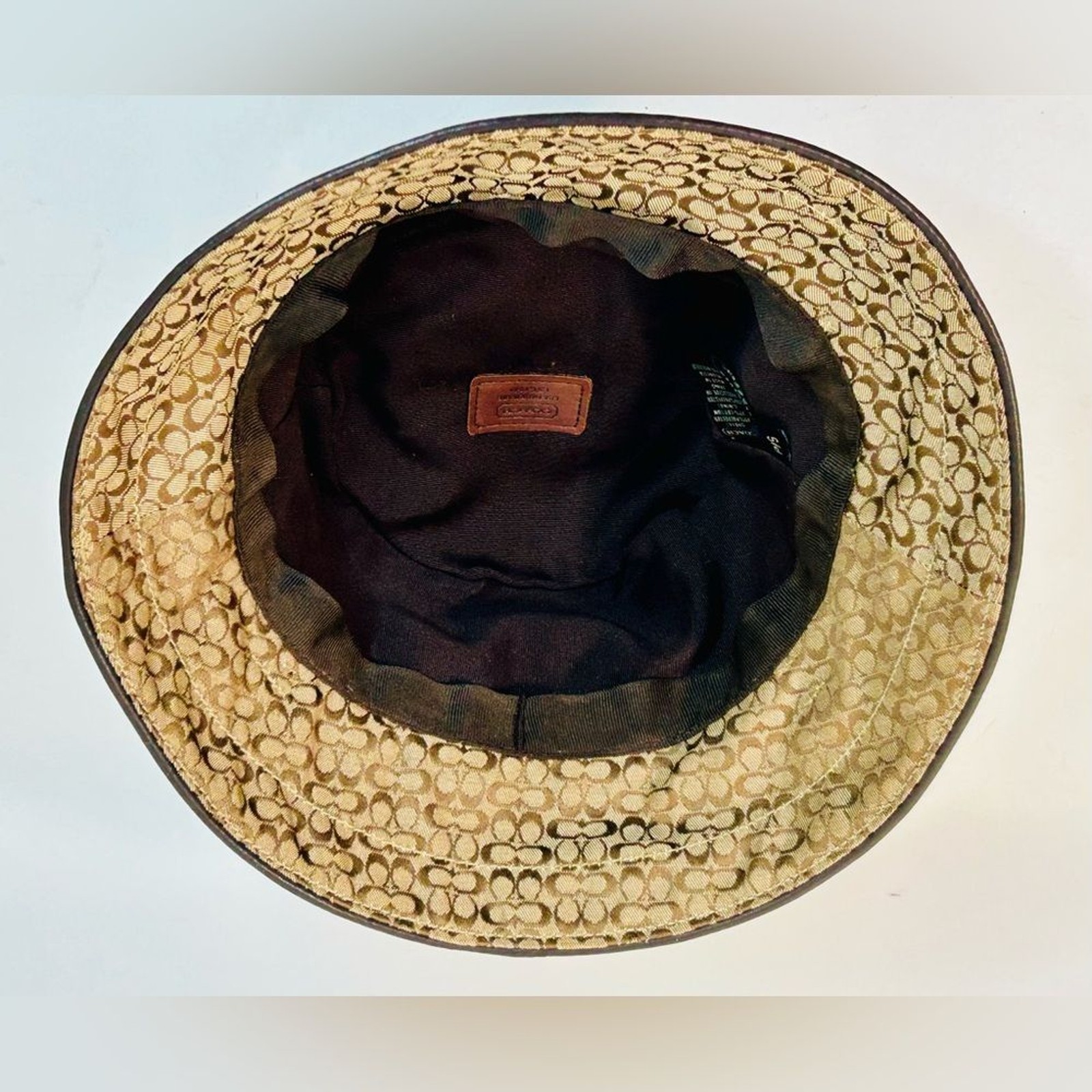 Coach Monogram Bucket Hat Khaki Brown Signature CC Logo with Leather Belt