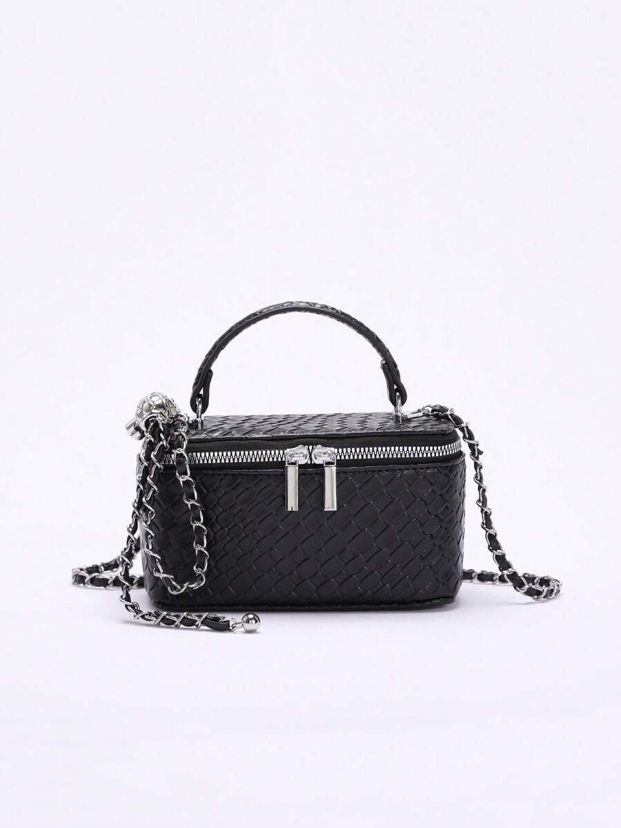 Mini Quilted Box Bag Rhinestone Embroidery Zipper Handbag Chain Strap Purse