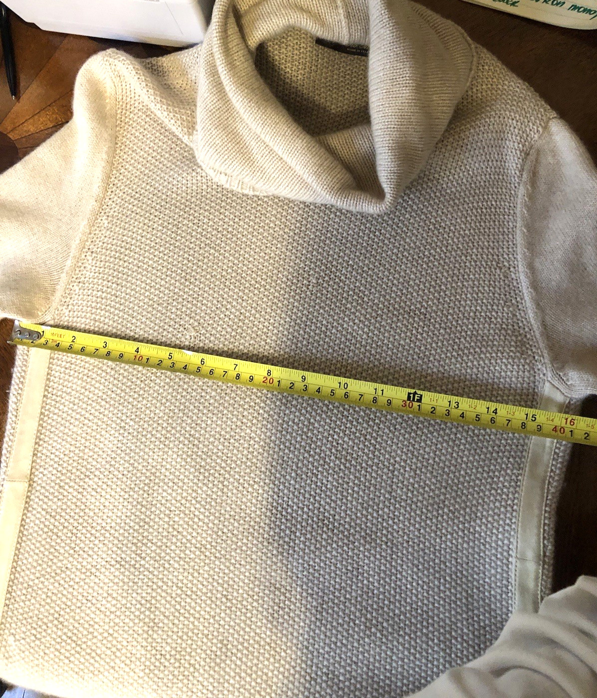 LORO PIANA 100% CASHMERE BEIGE SUEDE LEATHER TRIM SWEATER DRESS, SIZE IT 40