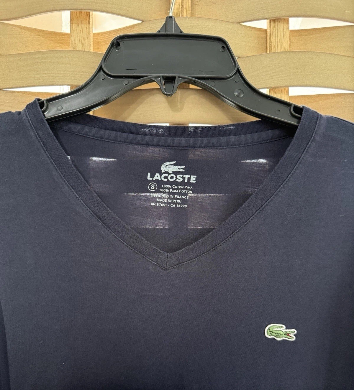 LACOSTE Size 8 Medium Vneck Pima Cotton Navy Blue Logo Patch Long Sleeve TShirt