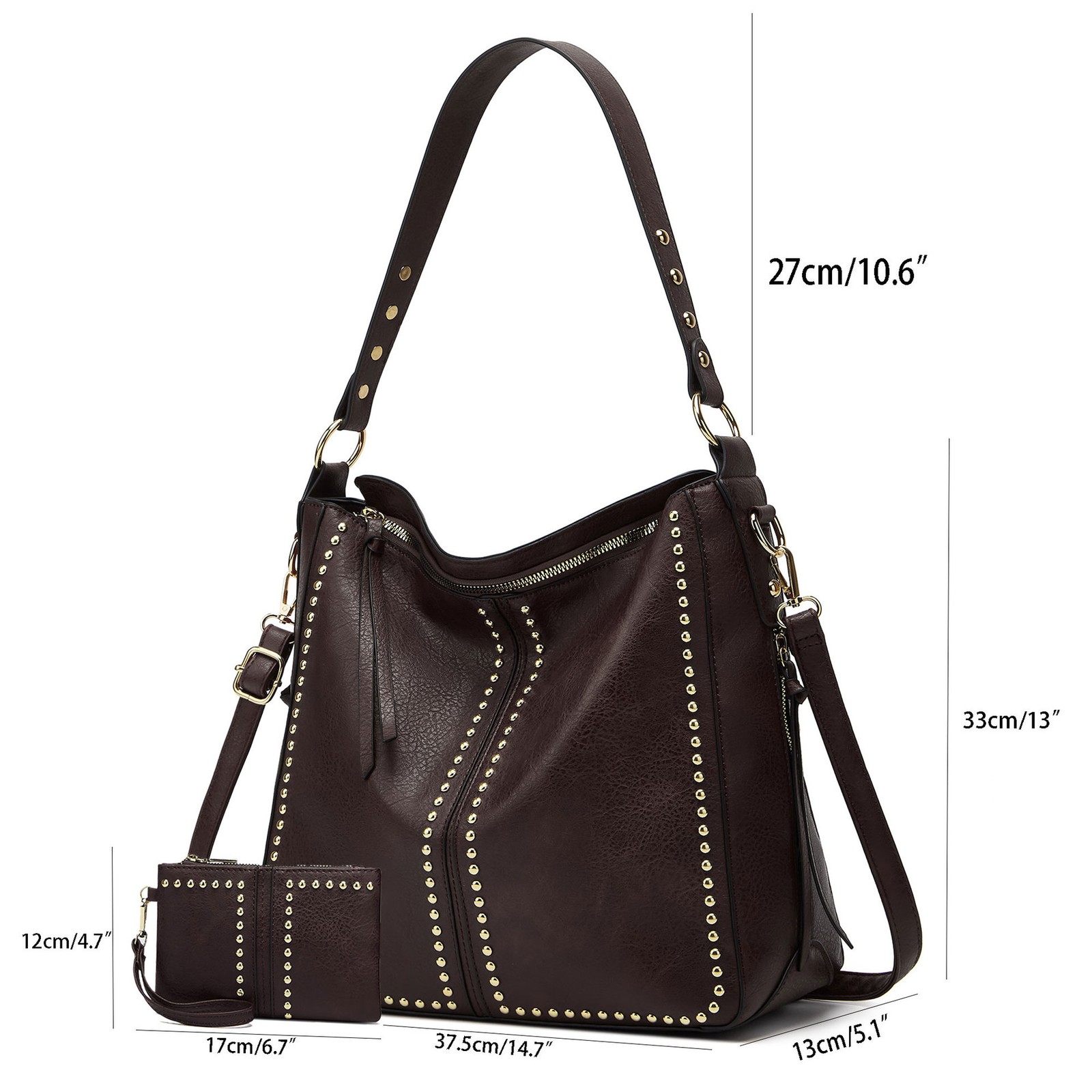 Soft PU Rivet Hobo Shoulder Bag Large Capacity Crossbody Tote Purse With Wallet