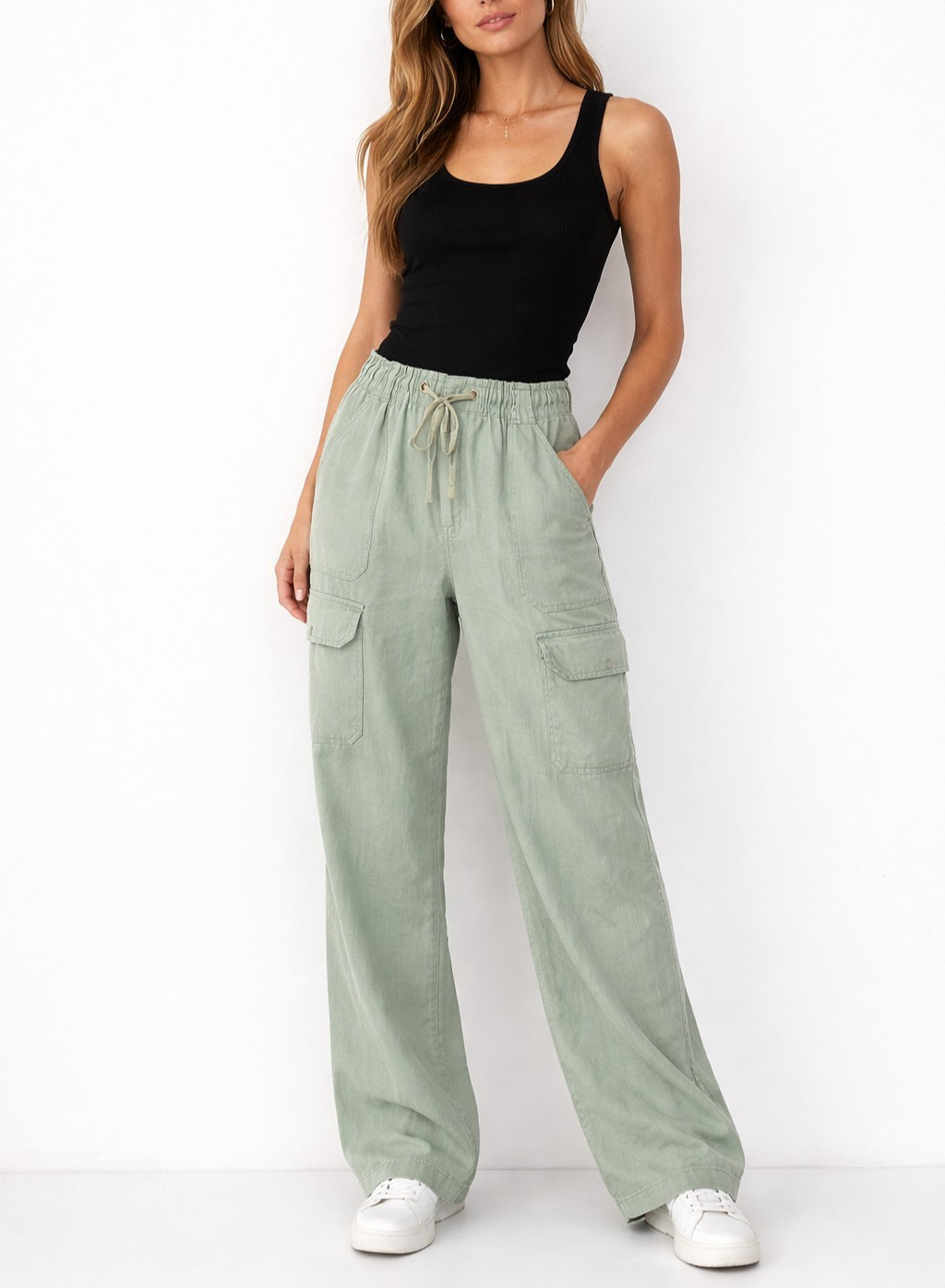 Linen Pull oN Pale Aqua Cargo Pants Size S Waist 26-30 Wide Leg Resort Old Money