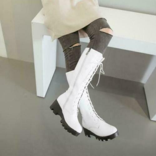 Womens Gothic Round Toe Combat Knee High Boots Retro PU Leather Lace Up Shoes