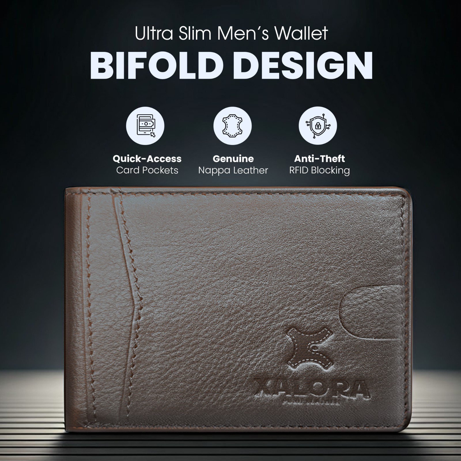 XALORA Mens Wallet Genuine Nappa Leather Slim Bifold RFID Blocking – Brown
