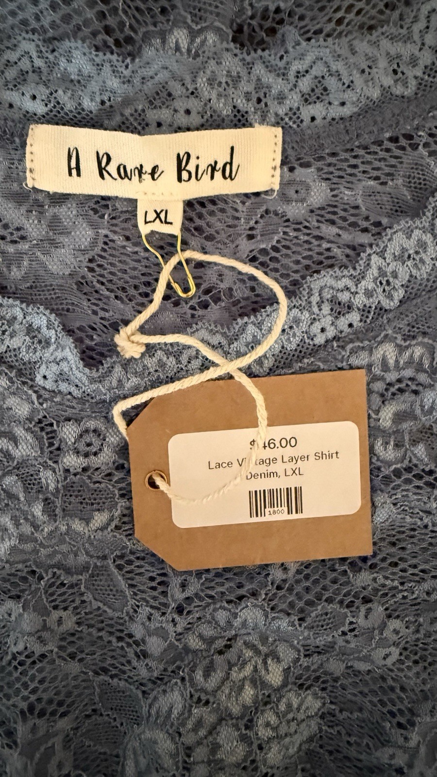 NWT A Rare Bird Lace Vintage Look Layer Top In Denim Blue L/XL $46
