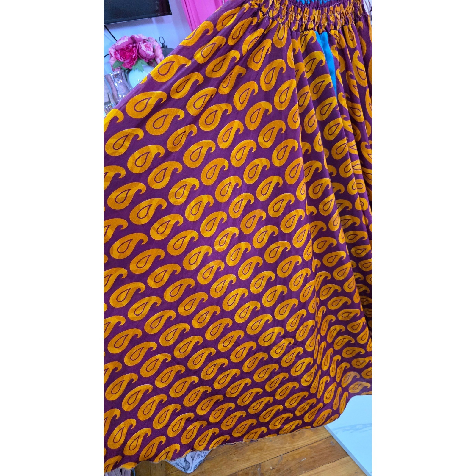 Vintage 100% Silk Wide Leg Paisley Pants Smocked Waist Purple Turquoise OS