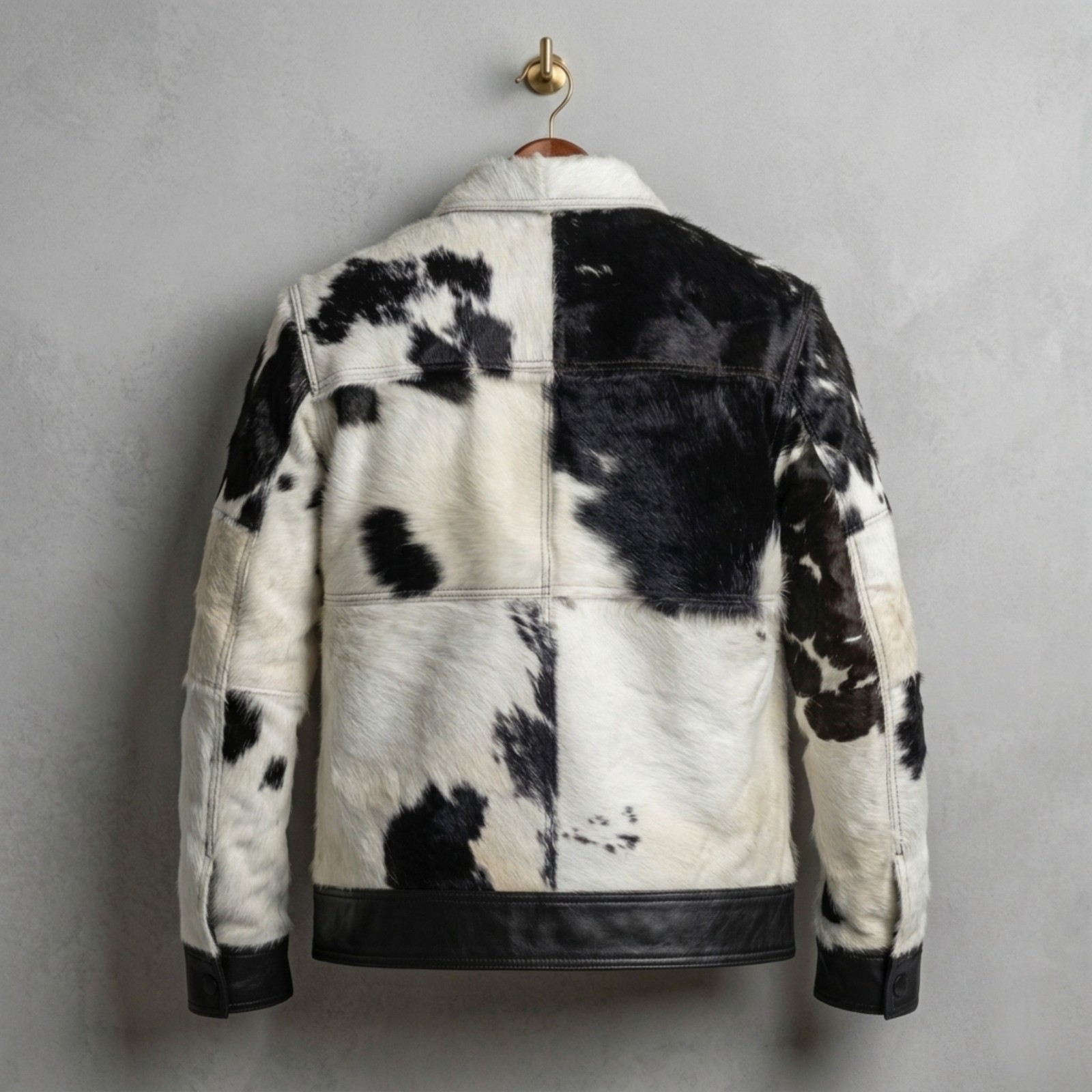 Men’s Black White Cowhide Leather Jacket Hair On Hide Western Bomber Jacket Pony