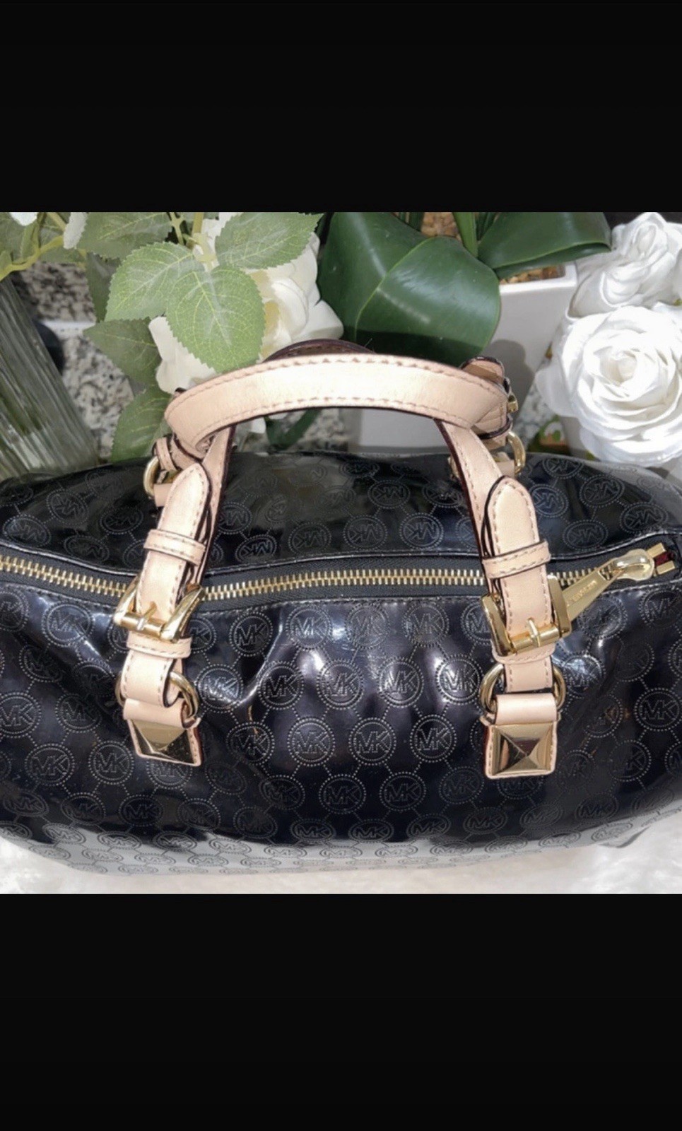Michael Kors Black Beige Logo Satchel Zip Gold Hardware Charm Bottom Studs