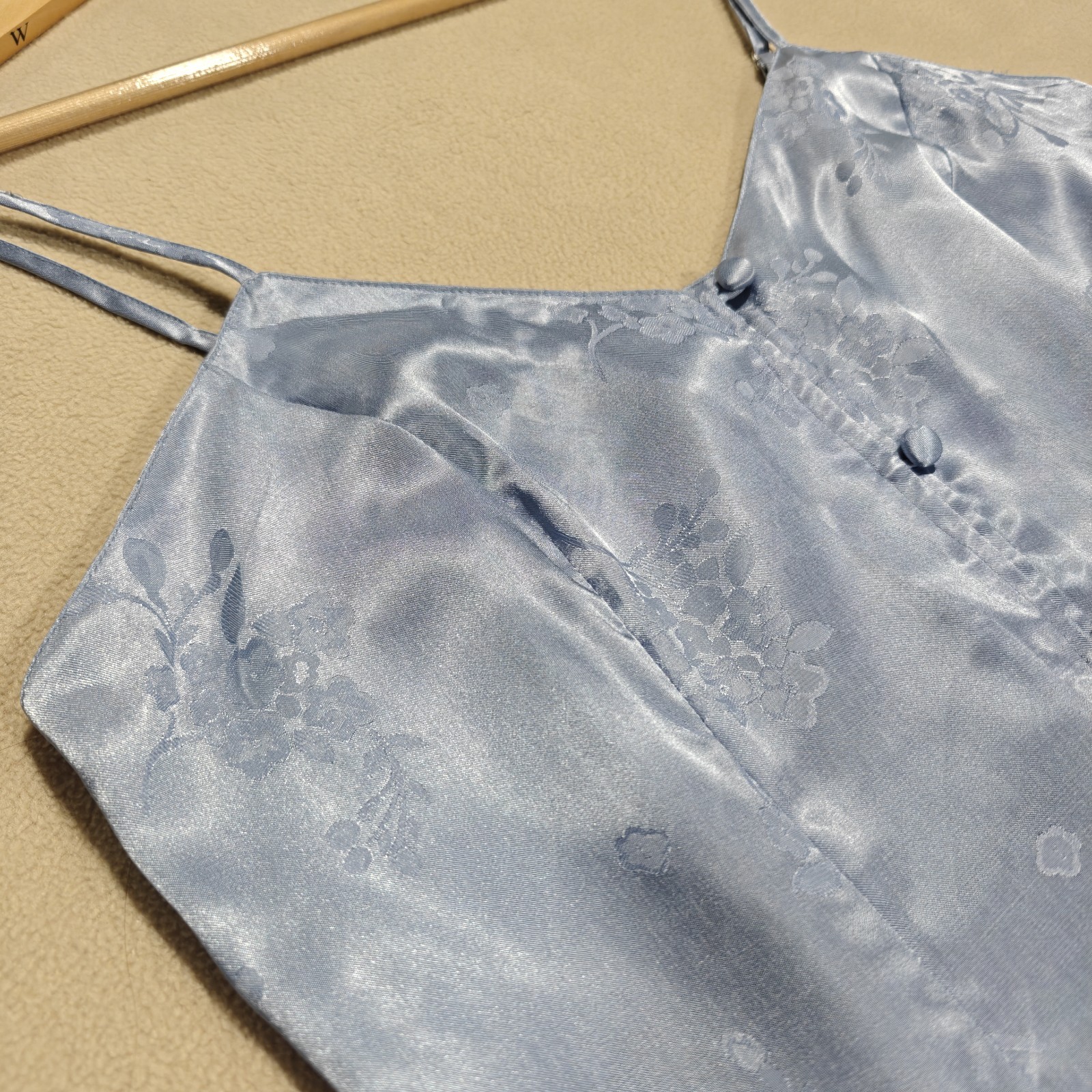 Vintage 90s Valerie Stevens Ice Blue Satin Floral Button Cami Size S Coquette