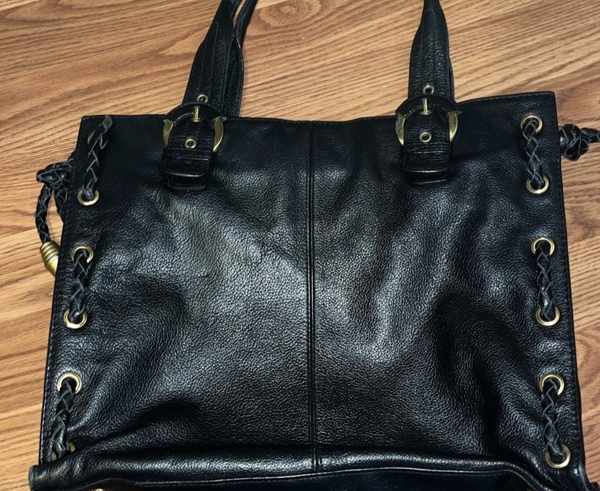 APC Pebbled Leather Handbag Large Rope Braided Buckle Brass Accent MSRP $560