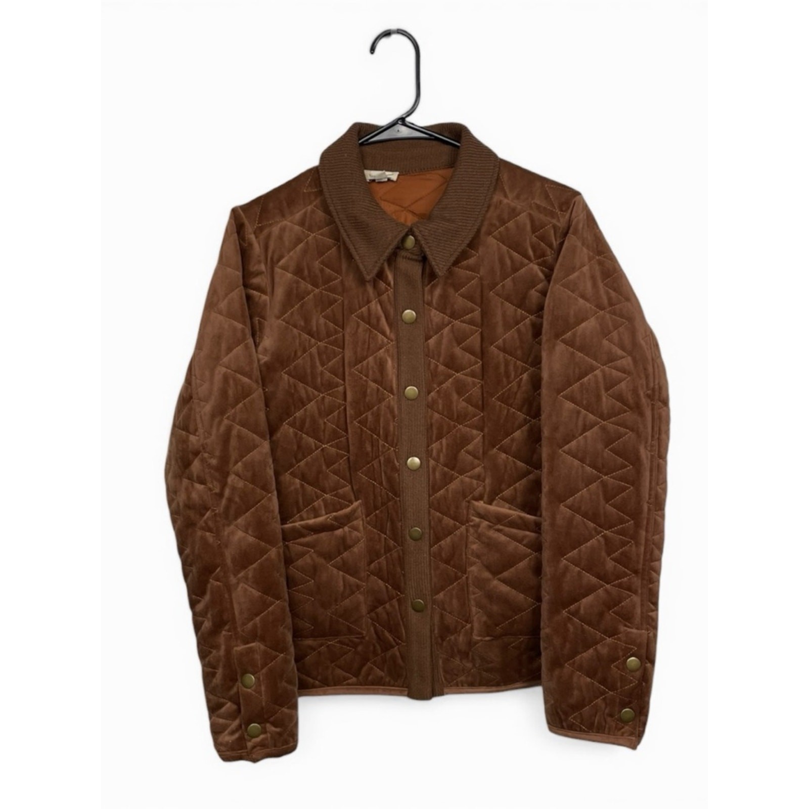 Hem & Thread Brown Quilted button up Jacket with Rib Knit Collar Medium