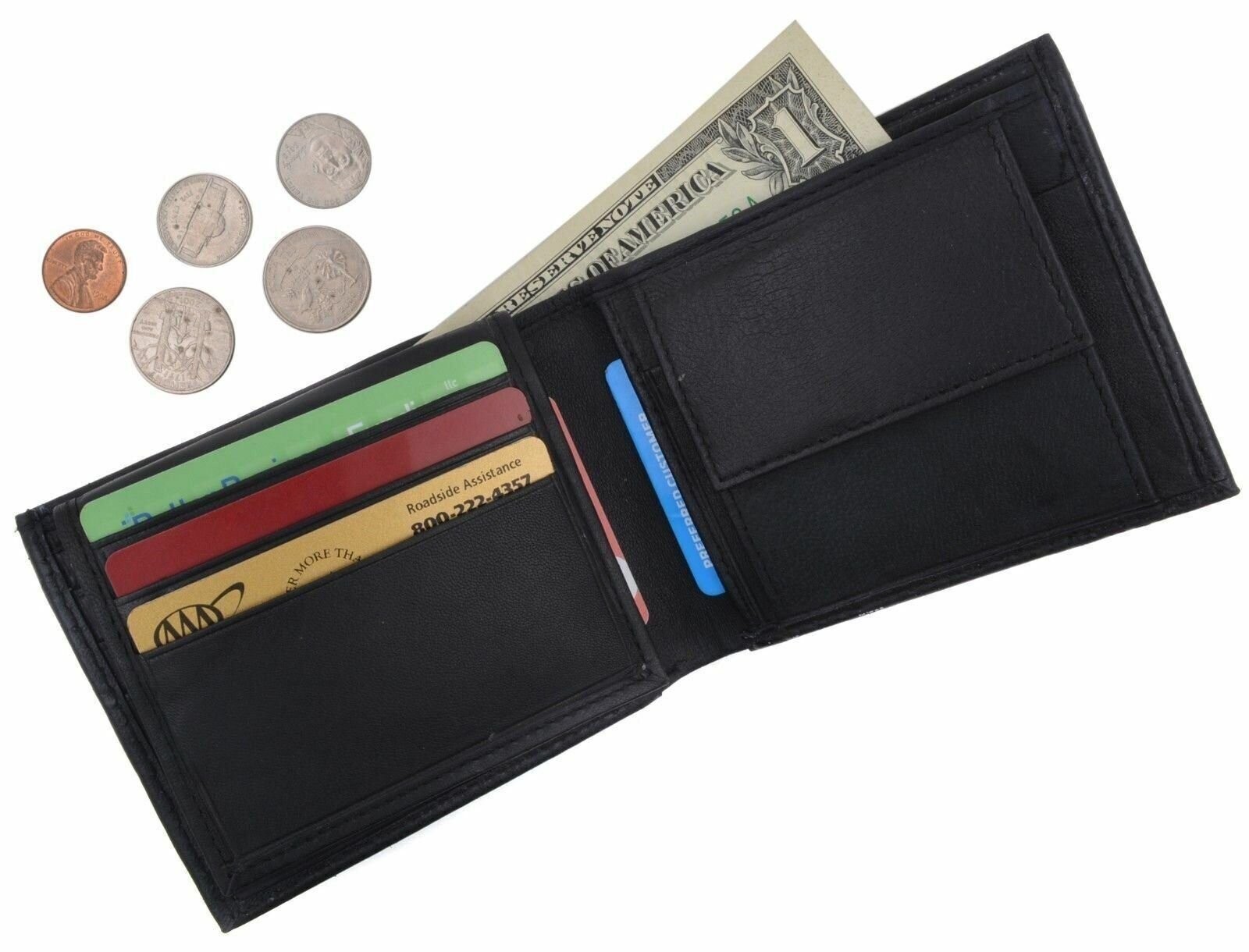 Mens Bifold Genuine Leather Wallet Secure Multi Pocket Zipper Coins Billfold