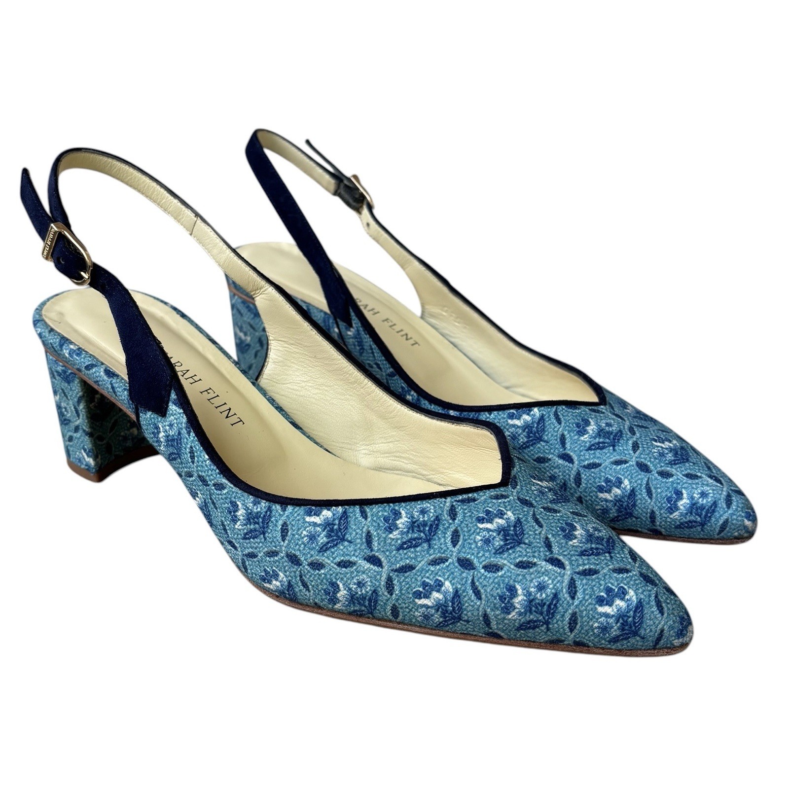 SARAH FLINT Blue Floral Brocade w/ Navy Suede Slingback Heels EU 40/US 9-9.5