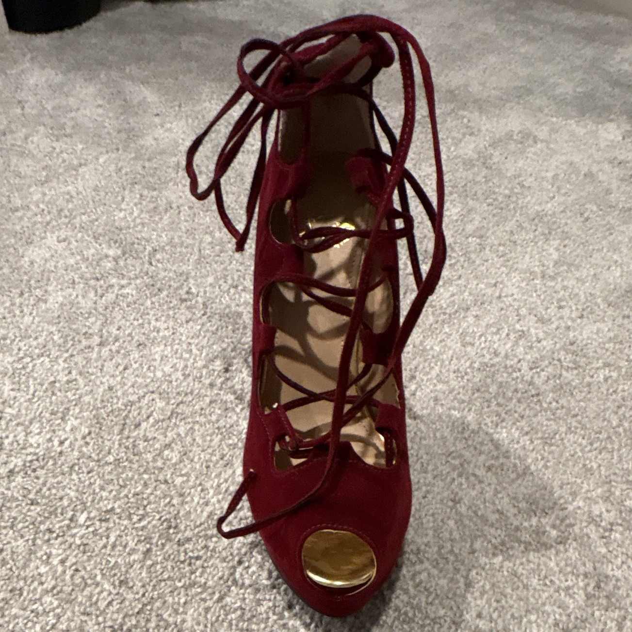Colin Stuart Burgundy Velvet/Gold Toe Strappy Lace-Up Open Toe Heels 8B