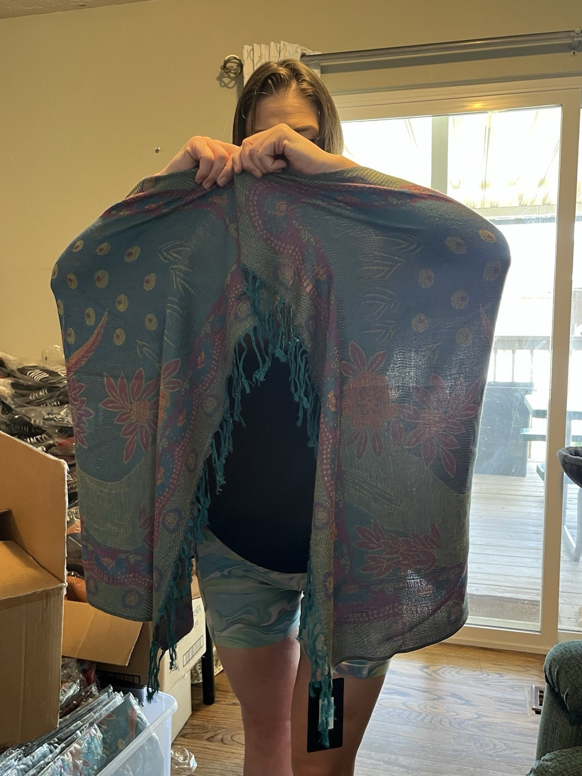 Magic Scarf Peacock teal XG2852TL Pashmina Style Shawls Scarfs Fringe 72”x27”
