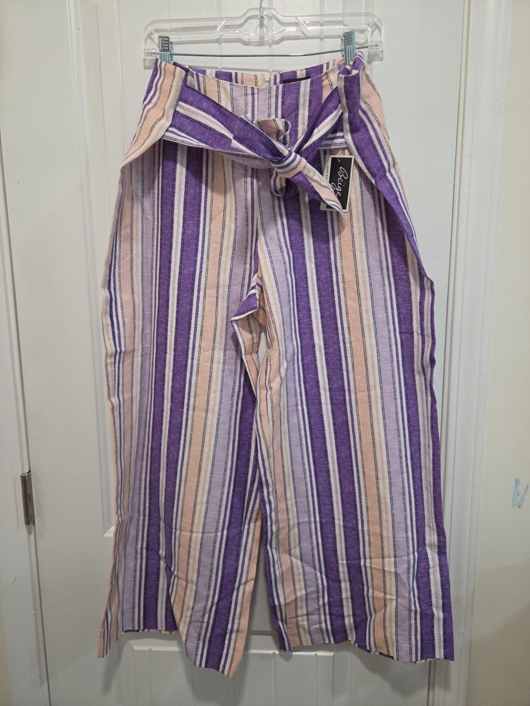 Beige By eci Linen Pants Purple Pink Stripe Size 14 NWT
