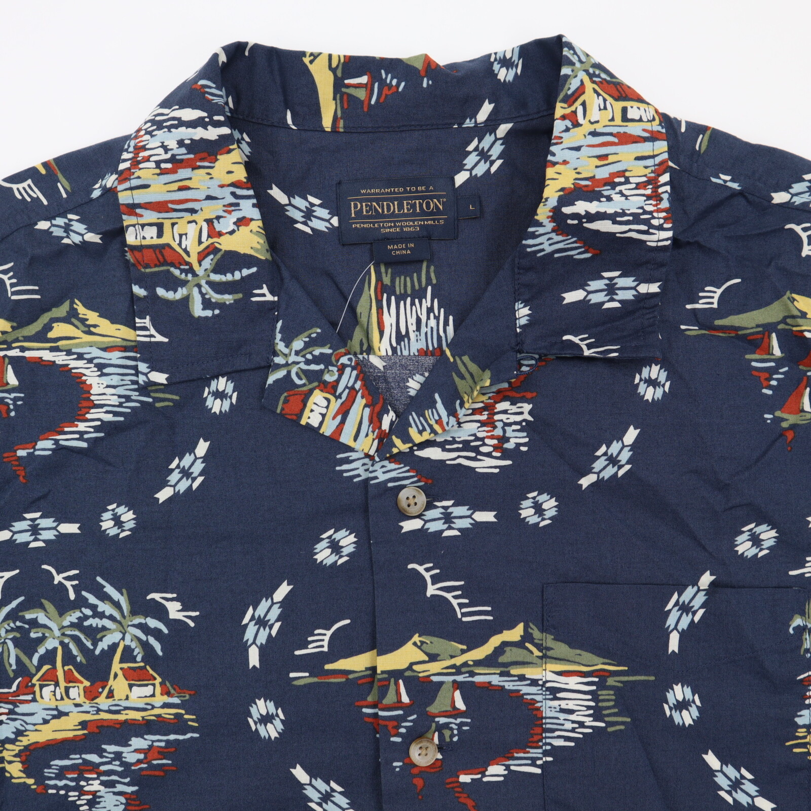 Pendleton Loop Collar Camp Shirt Mens Large Button Up Blue Aloha Hawaiian NWT