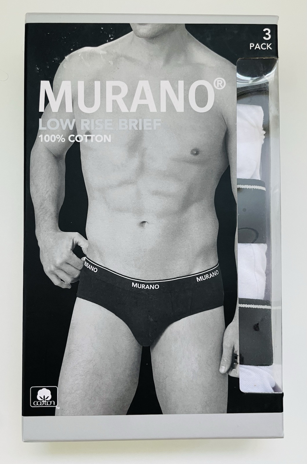 3-Pack of Murano Men’s 100% Cotton Low Rise Briefs, White With Black Waistband