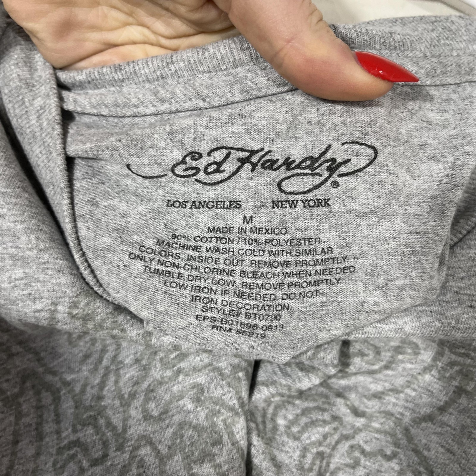Ed Hardy Shirt Womens Medium Gray Long Sleeve Koi Fish Graphic Tee Top Tattoo