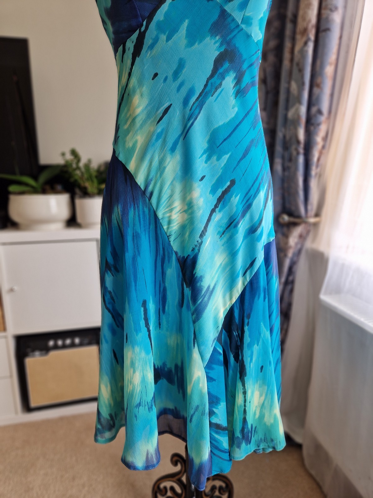 Per Una Blue Aqua Watercolour Midi Dress UK 12 Floaty Fit & Flare Occasion