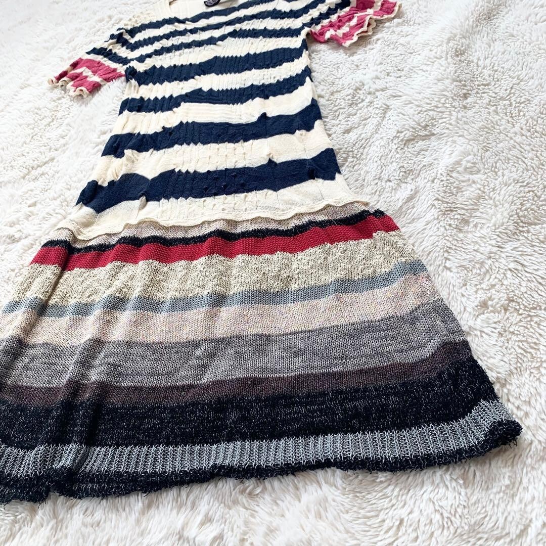 M.&KYOKO Silk Blend Short Sleeve Striped Knee Dress Size 1 Ivory Navy Pink Auth