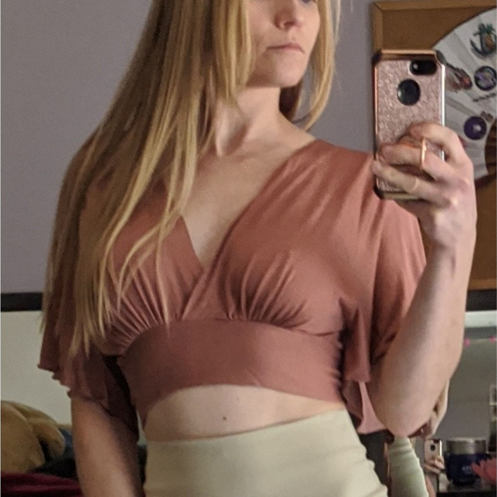Deep V-Neck Flowy Butterfly Sleeve Tie Back Crop Top Dusty Mauve size Small