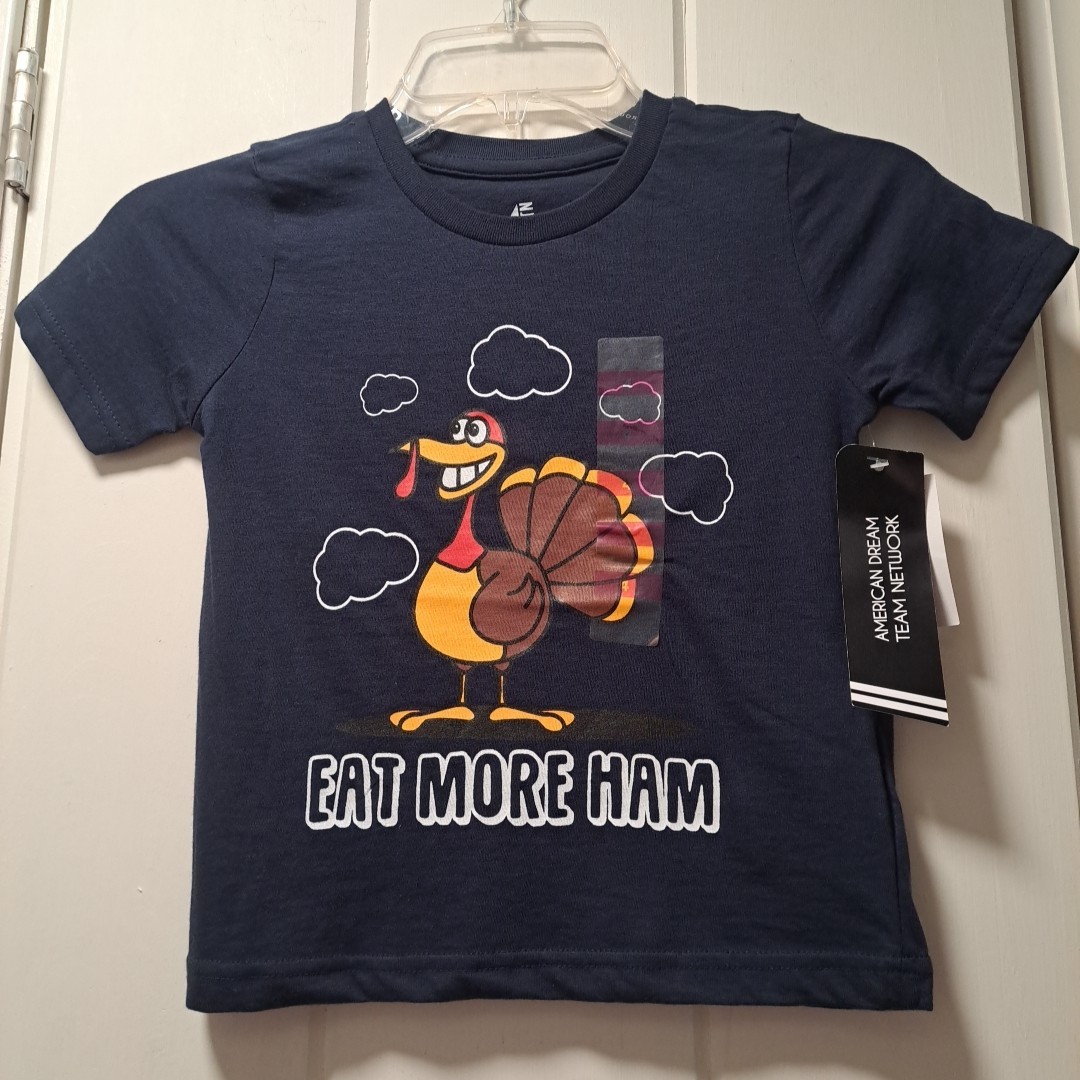 ADTN Childs 4 Navy Eat More Ham Turkey Fall Thanksgiving T-shirt Short Sleeve