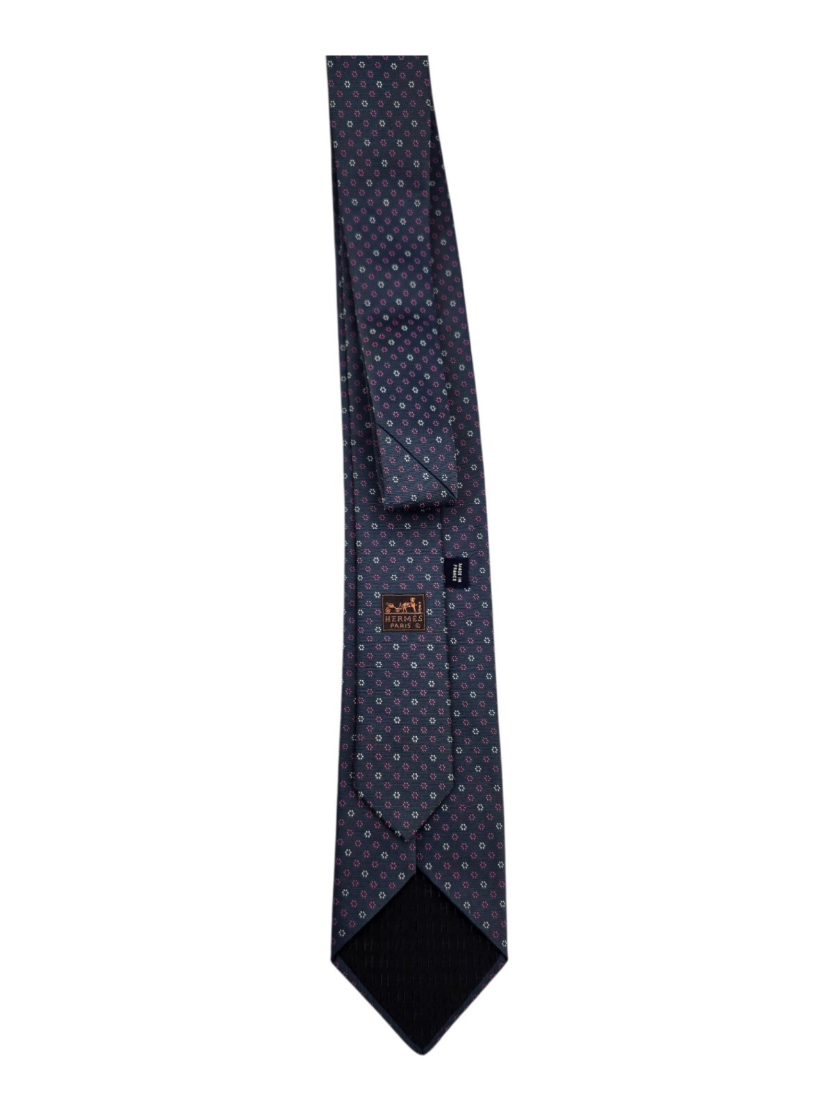 ✨ HERMES Navy Blue Silk Tie | Pink White Geometric Micro Flower Pin Dot Print