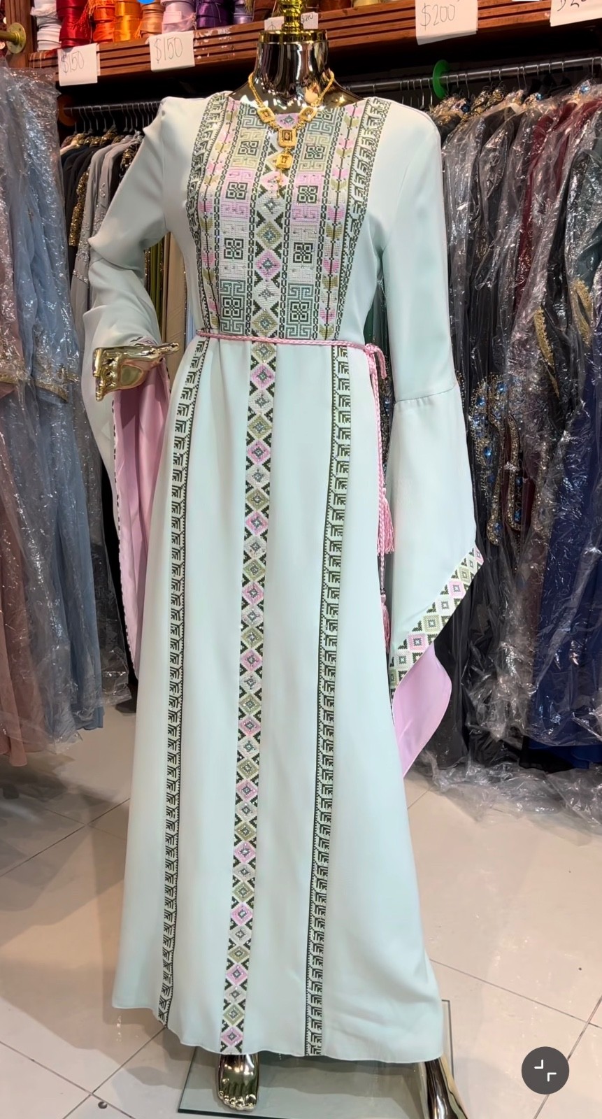 Elegant Middle Eastern Embroidered Maxi Dress Kaftan Abaya Style Long Sleeve