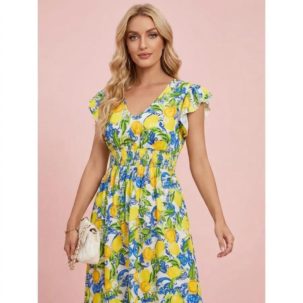 Womens Lemon Print Maxi Dress V Neck Cap Sleeve Summer Beach