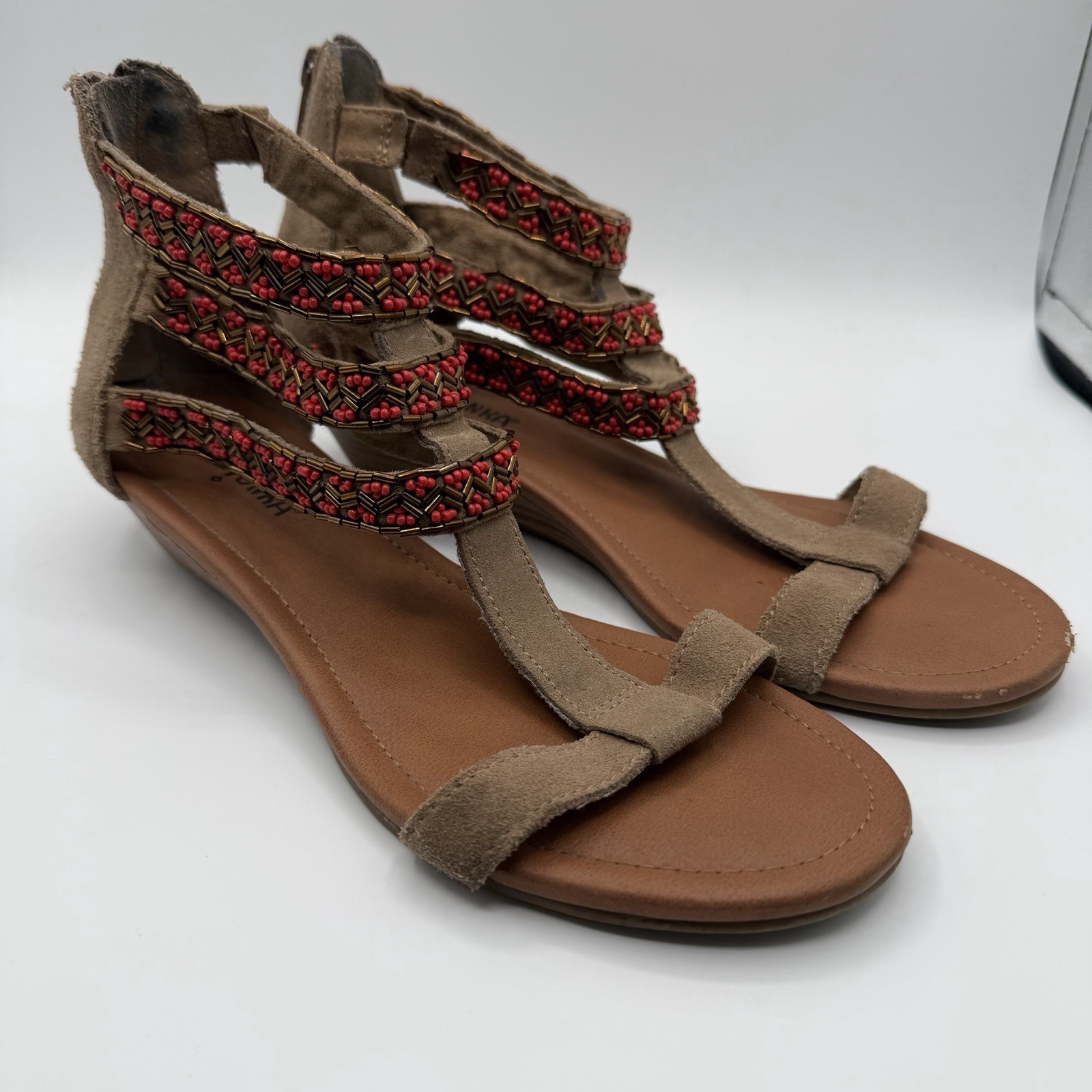 Minnetonka Beaded Gladiator Wedge Sandals Leather Back Zip Boho Size 7