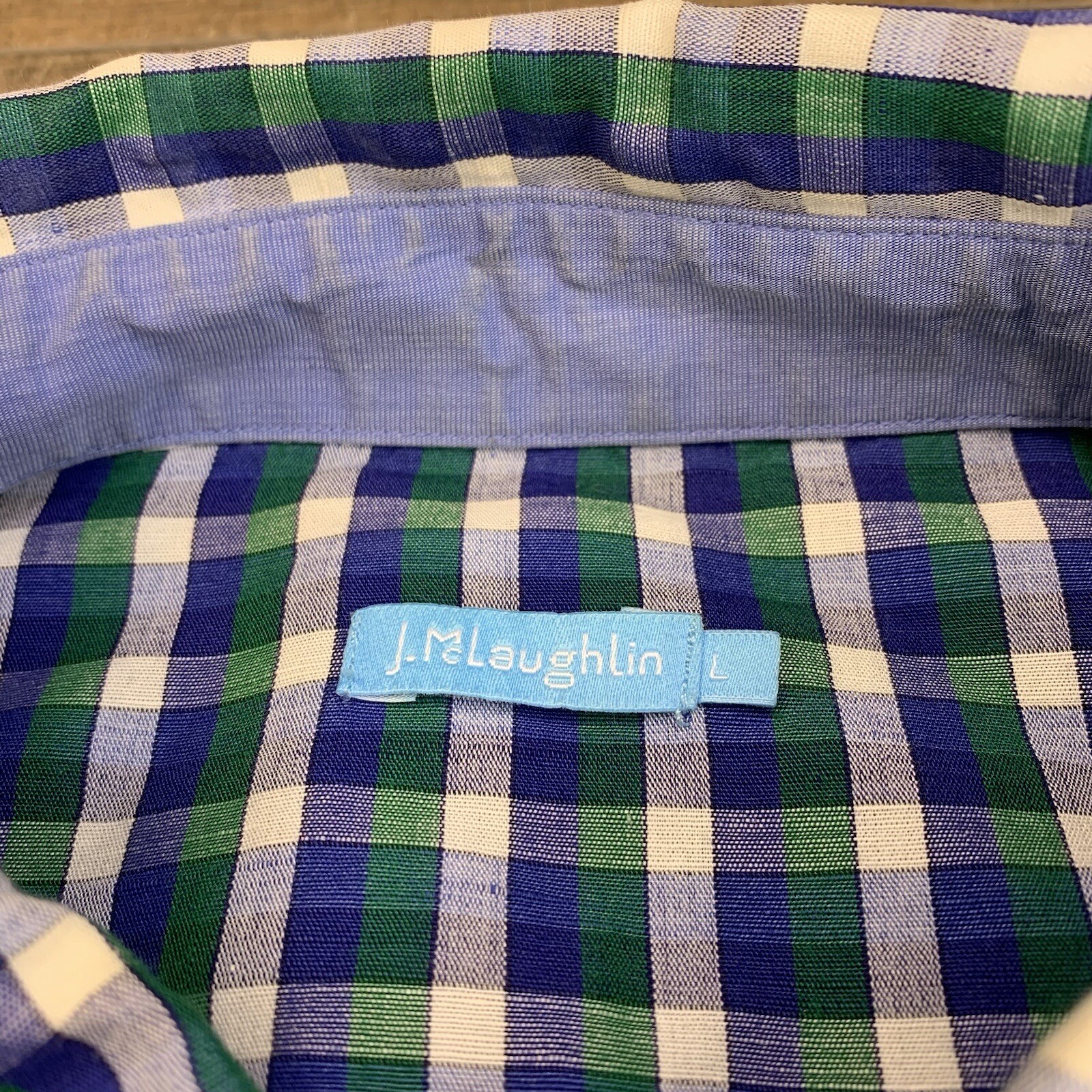 J McLaughlin Mens Long Sleeve Button Up Shirt Size Large 52% Linen Check B16