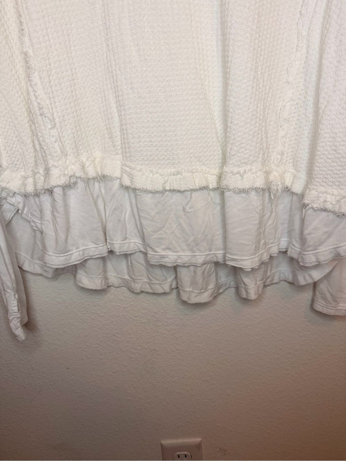 We The Free Waffle Knit V-Neck Ruffle Hem Long Sleeve Top White XS Boho