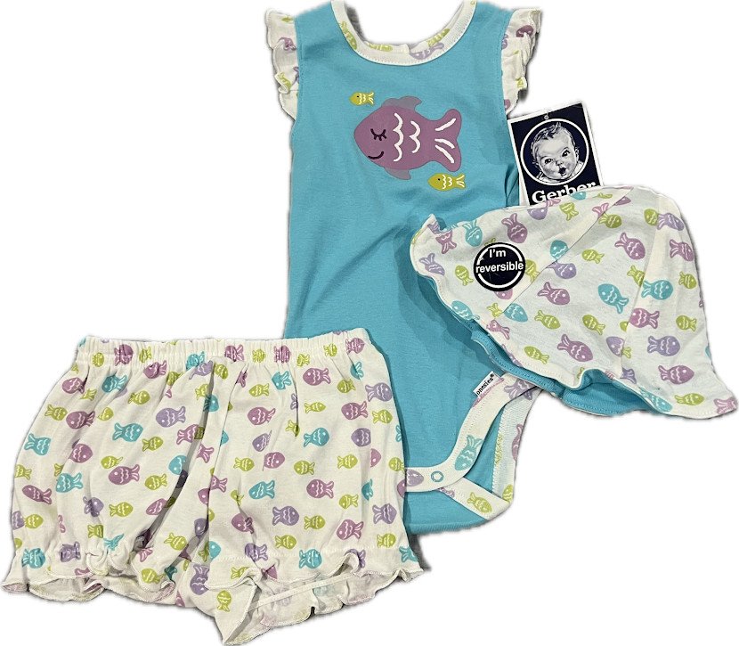 Gerber Infant Girls Bodysuit, Bloomer and Reversible Hat Size 6-9 Months