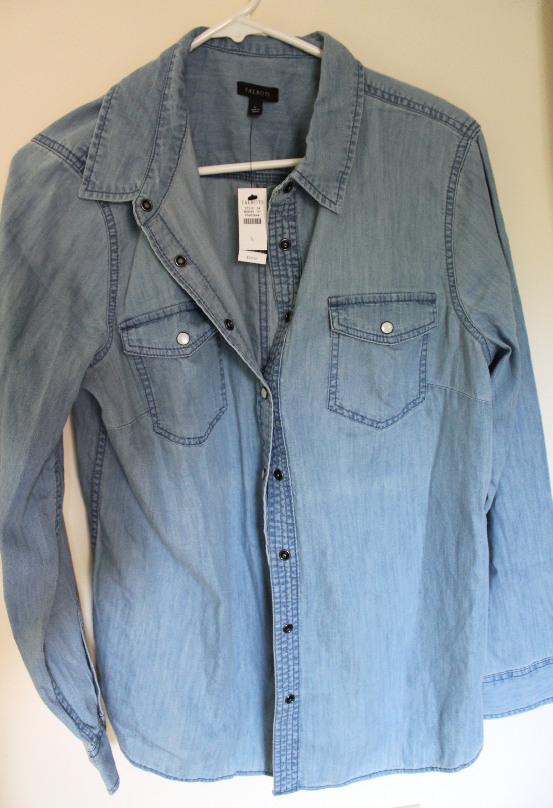 Talbots Large Chambray Snap Button Shirt Light Wash Denim 100% Cotton NWT