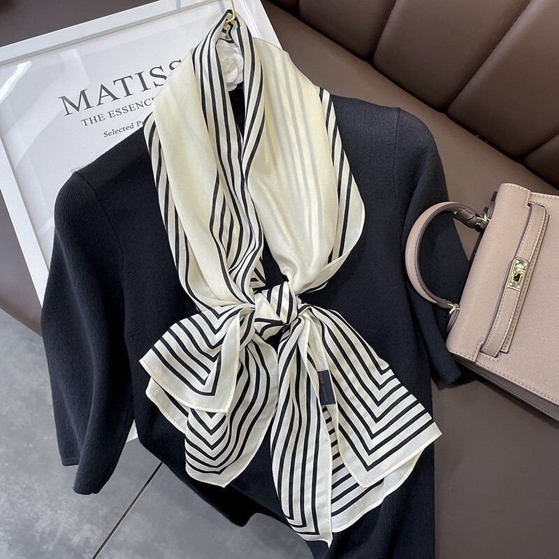100% Silk Twill Scarf Women 12 Momme Kerchief Long Bandana Double Side Striped