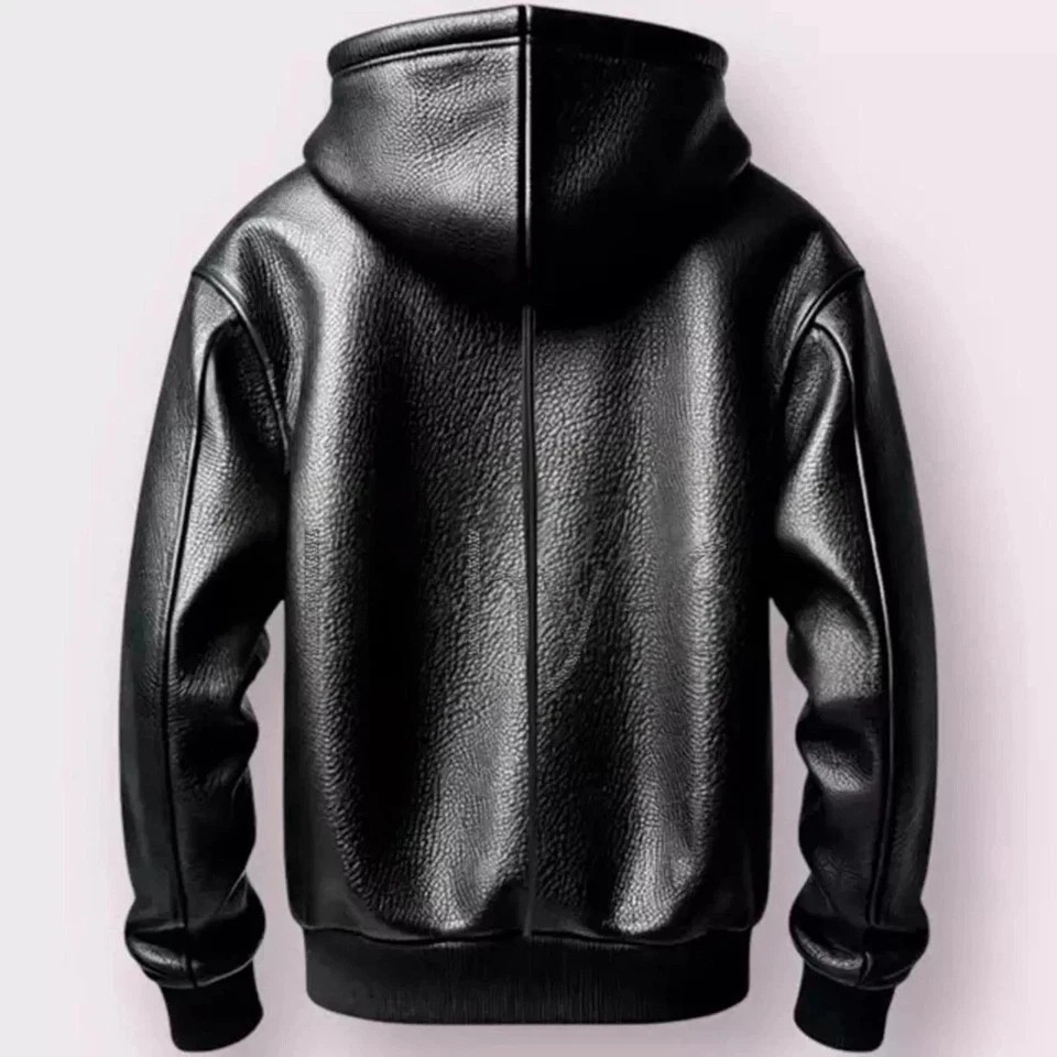 Men’s Black Premium Leather Hoodie Handmade Genuine Lambskin Leather Hoodie