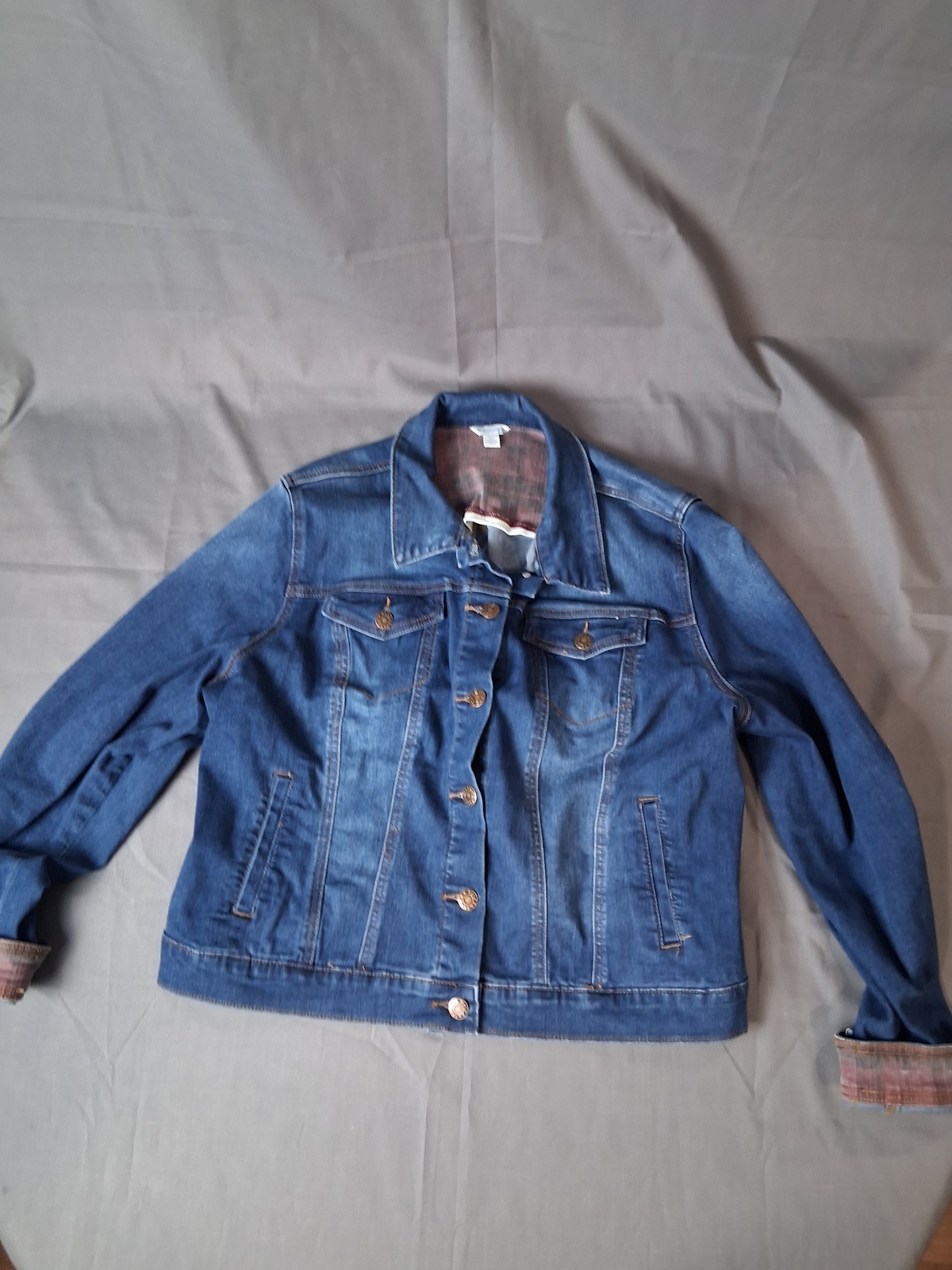 EST. 1946 Women’s XL Denim Jacket Blue Plaid Lined Button Front Elbow Patches