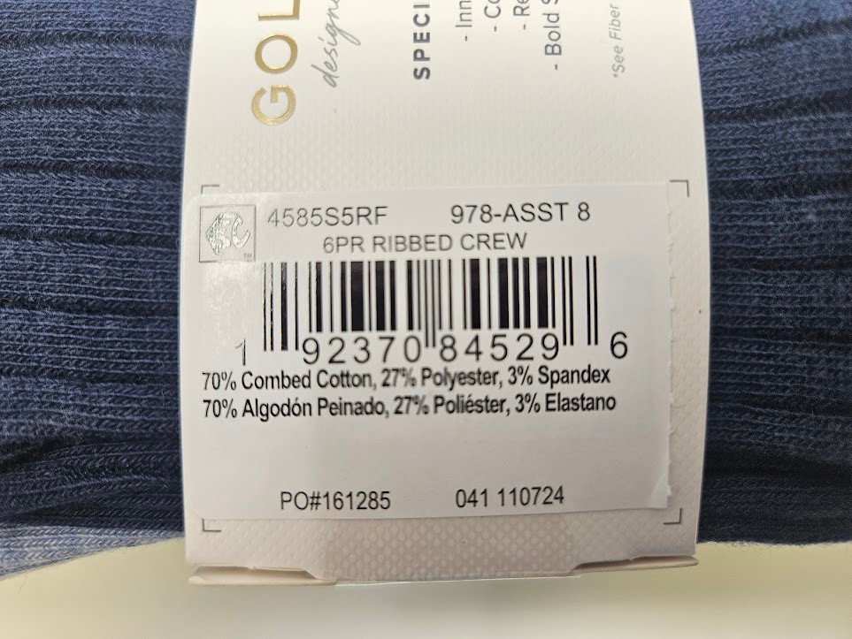 Gold Toe Women’s 6-Pack Ribbed Crew Socks 4585S5, sock sizes 9-11