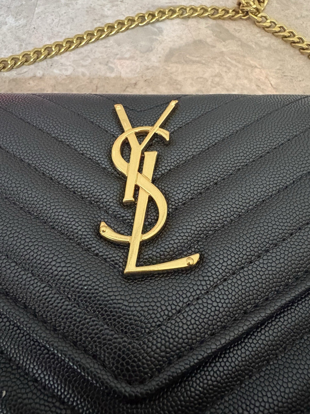 Cassandre Envelope Chain Wallet In Black and Grain de Poudre Leather Women’s