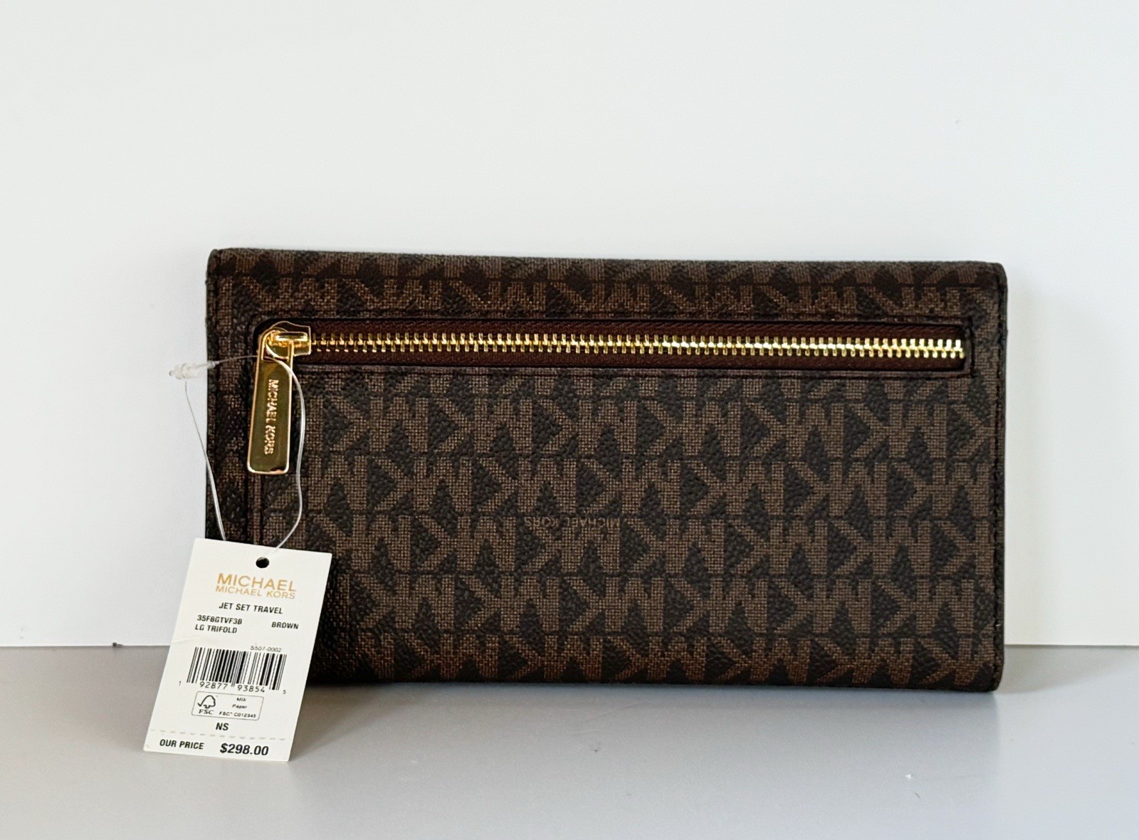 MICHAEL KORS JET SET TRAVEL LARGE TRIFOLD PVC LEATHER WALLET MK BROWN