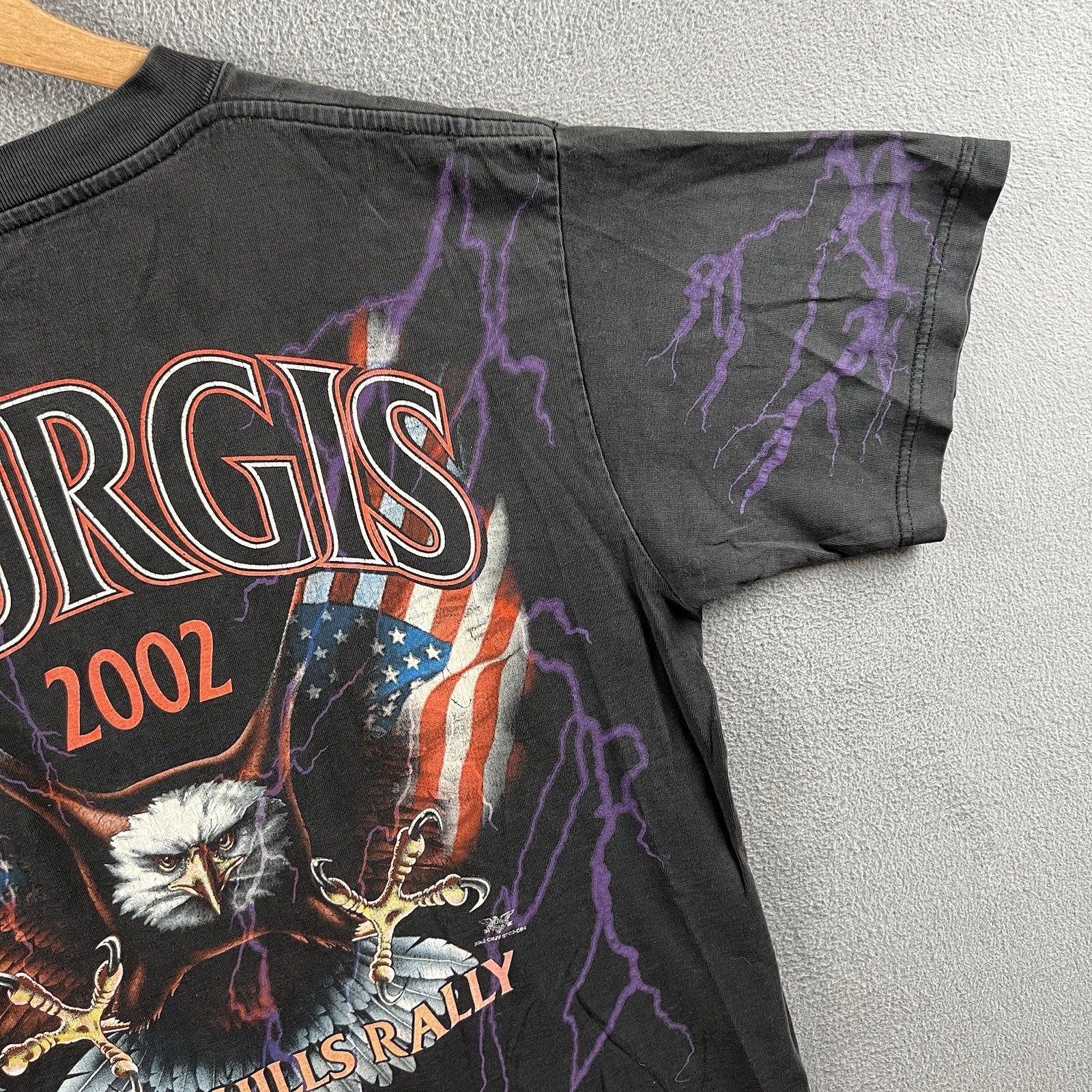 Vintage Sturgis Shirt Mens Large Black Purple Lightning Wolf Biker Rally AOP