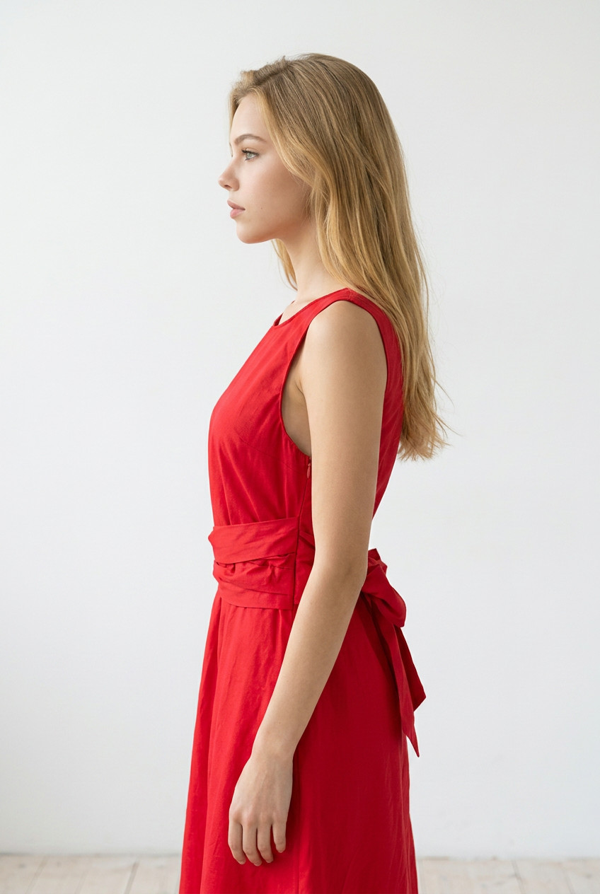 Sandro Ferrone women’s red sleevless midi dress tie waist A-line cotton summer S