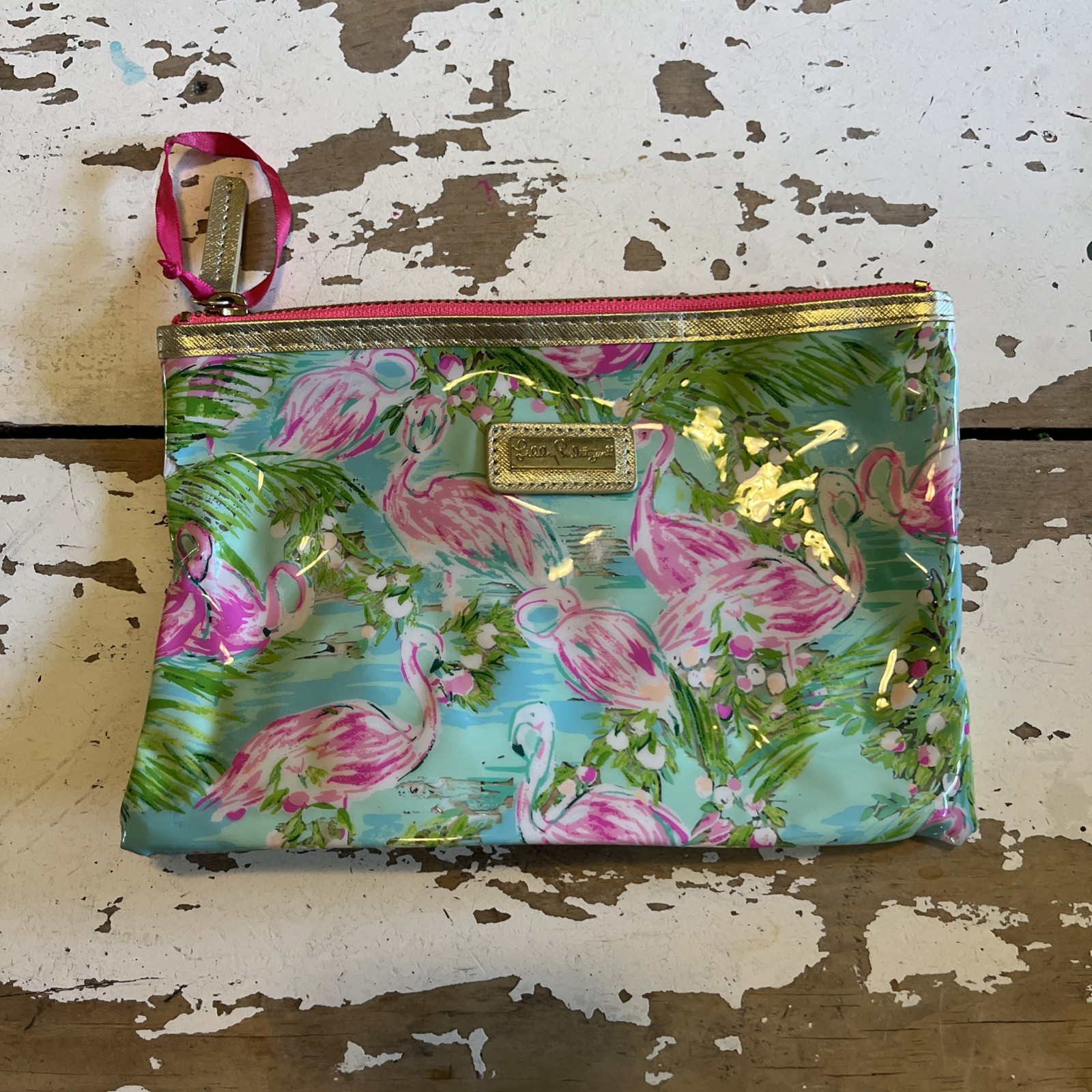 Lilly Pulitzer Pink Flamingo Vinyl Pouch bag zip Pencil Case makeup 8.75”x6”