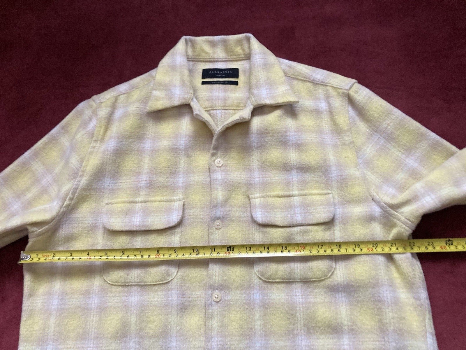 AllSaints Mens Flannel Shirt Shacket Plaid Winter Yellow Beige Pockets Size M