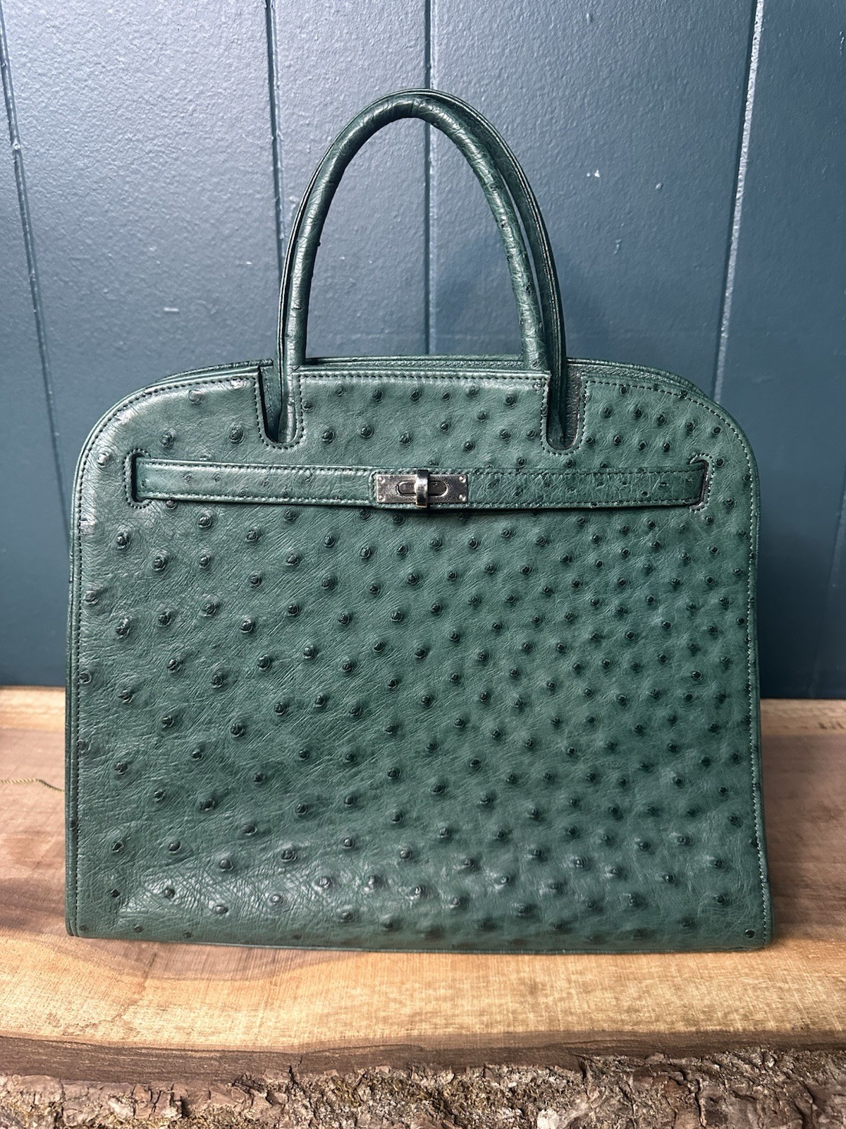 JRA Celencee Nicola Ferri Green Ostrich Leather Top Handle Bag