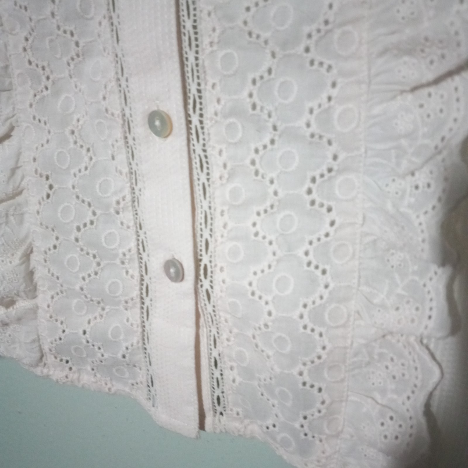 LOGO by Lori Goldstein Top Blouse size Small, Ivory Lace Eyelet Sheer Ruffle