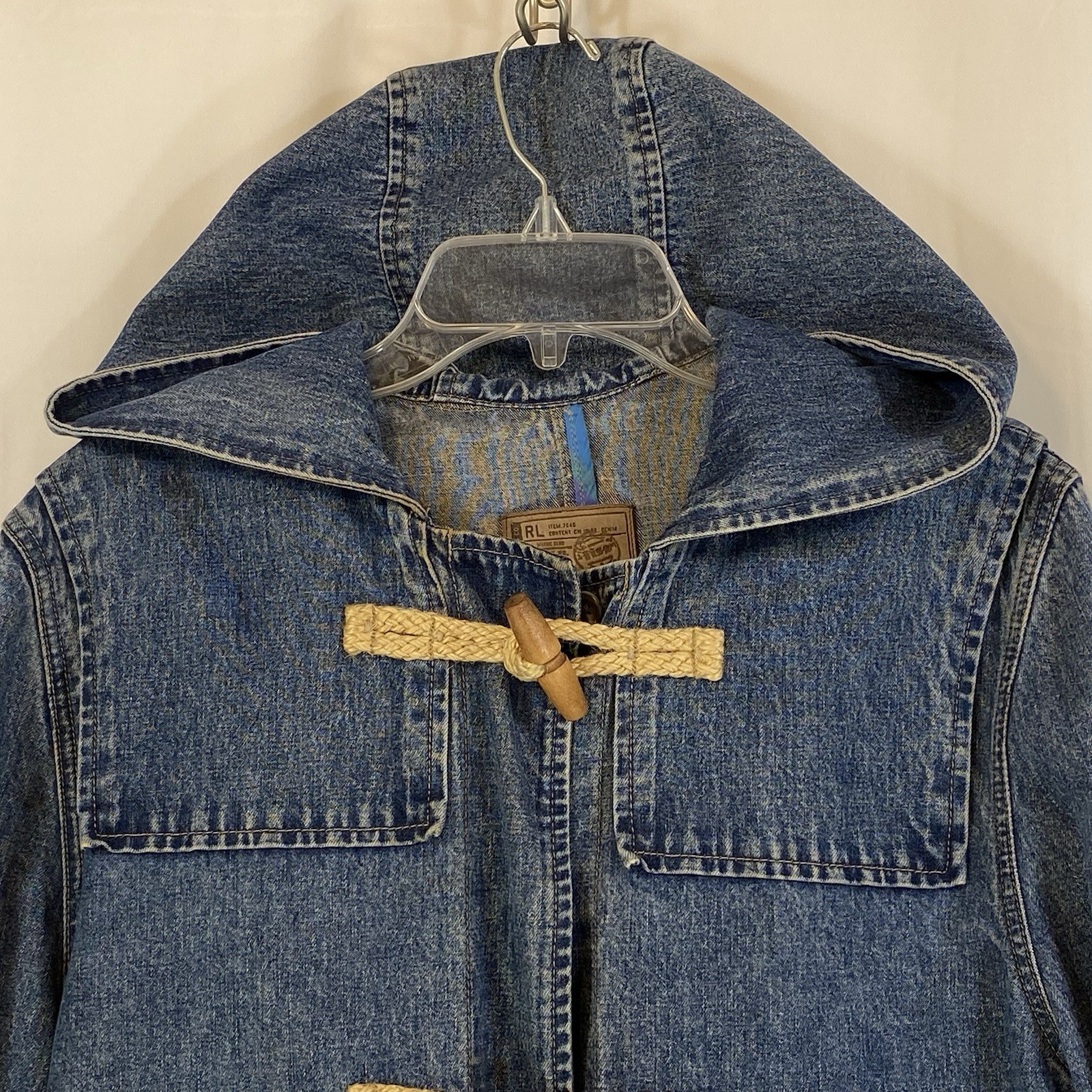 Vintage Ralph Lauren Denim Hooded Duster Jacket Chore Coat Toggle Womens M