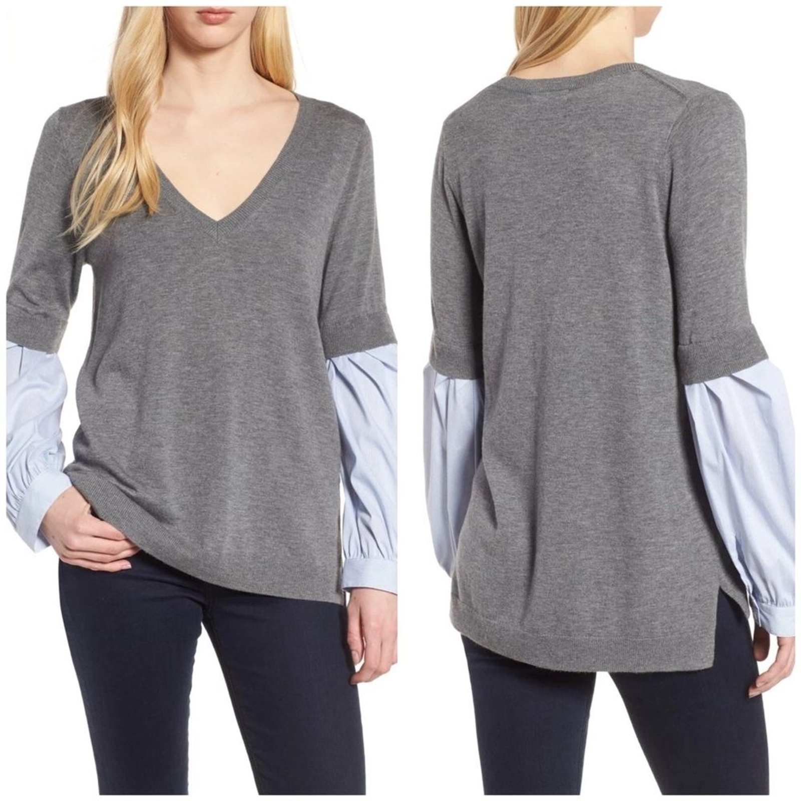 Trouvé Gray V-Neck Sweater Top w/ Contrast Blue Balloon Sleeves Size Small NWT