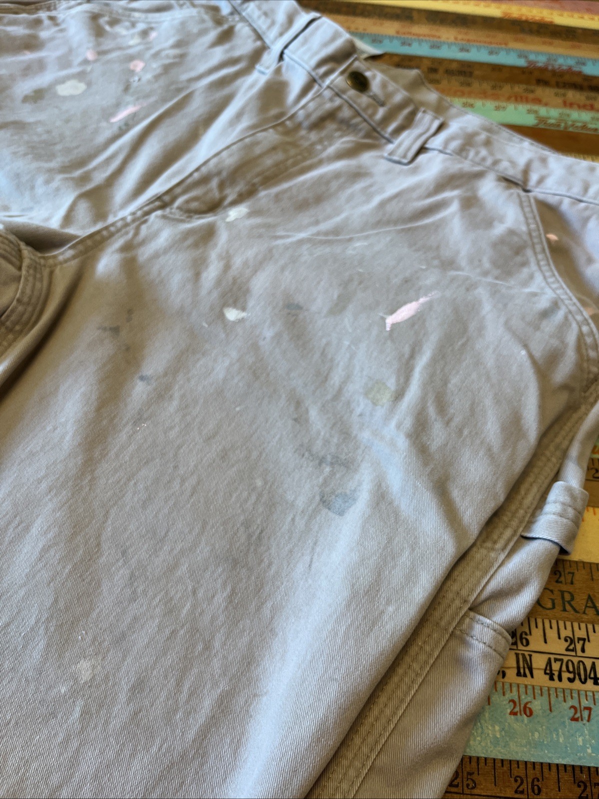 Carhartt Canvas Work Pants Mens 38×30 Khaki Utility Carpenter Cotton Paint Splat